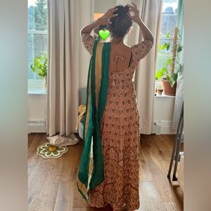 Pink and emerald Green Lehenga Anarkali South Asian with Gold Accents Silk